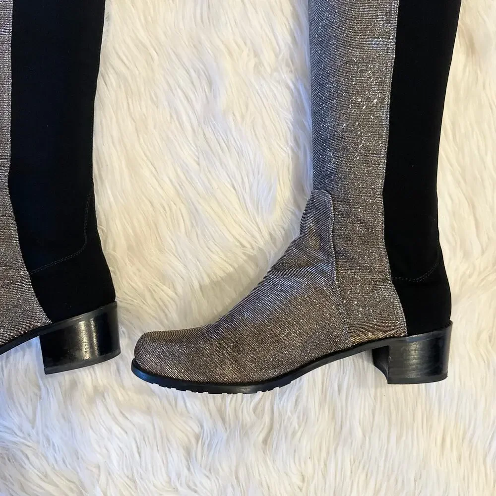 Stuart Weitzman 5050 Reserve Over the Knee High Boot Heeled Pyrite Glitter Black